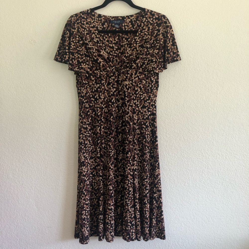 Chaps Brown and Black All Over Dot Print Flutter Sleeve Dress